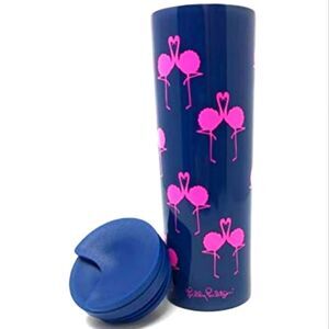 Lilly Pulitzer navy & hot pink flamingo stainless steel travel cup